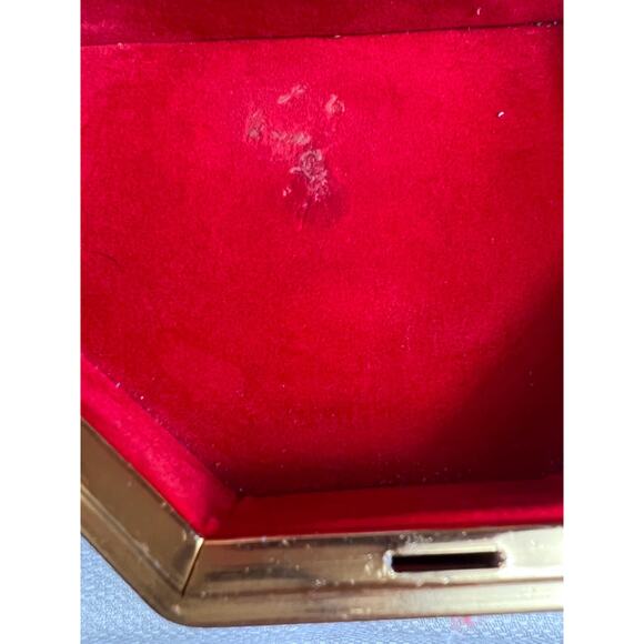 Orb weaver in a trinket box!!! Isn Embroidered JewelryTrinket Box Mirror Octagon~Red Velvet Lining~1950’s~Hinged